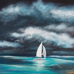 May include: A painting of a sailboat on a dark blue sea with white clouds in the sky. The sailboat is white with a blue sail. The sea is a dark blue with a light blue wave in the foreground. The sky is a dark blue with white clouds.