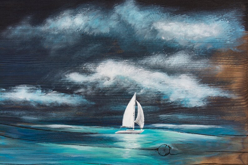 May include: A painting of a sailboat on a dark blue sea with white clouds in the sky. The sailboat is white with a blue sail. The sea is a dark blue with a light blue wave in the foreground. The sky is a dark blue with white clouds.