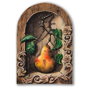 Original hyper realistic acrylic pear painting, trompe l’oeil art on wood