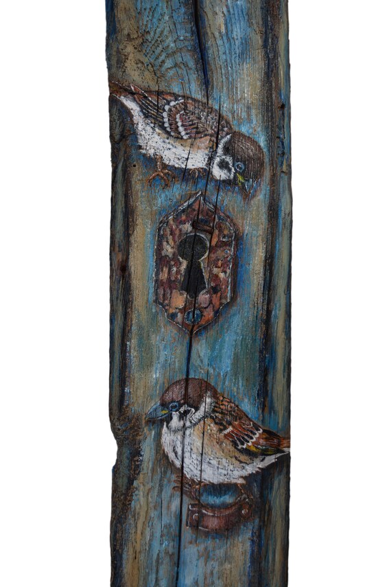 Original Acrylic Bird Painting On Rustic Wood Sparrow Old Door Rustic Art