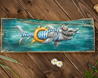 Funny shark in a swimsuit with a float painting on wood, ocean life underwater artwork, ocean kids room art