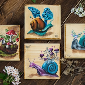 Slak paddestoel decor handgeschilderde cottagecore schilderij