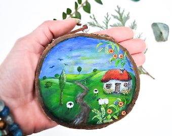 Folk art landscape, countryside sheep farmhouse artwork, wood slice painting