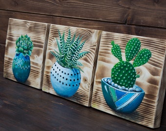 Cactus painting, set of 3, succulent art, rustic wood, boho wall art, house plant, plant mom gift