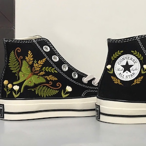 Flowers and Actias Luna embroidered shoes - converse embroidered flowers - Custom embroidered converse - Embroidered converse for girls