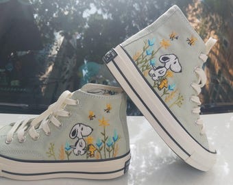 Embroidered Converse High-Top Shoes, Custom Cartoon Dog Design