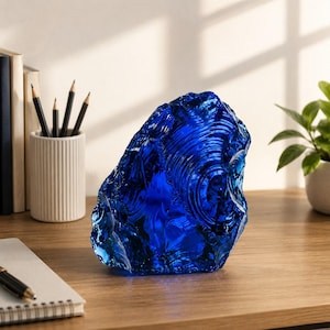 Op de afbeelding: Een diep kobaltblauw glazen sculptuur met een grillige, rotsachtige buitenkant en concentrische cirkelvormige patronen op de voorzijde. Het object is doorschijnend, waardoor licht door de onregelmatige, kristalachtige vorm kan schijnen.
