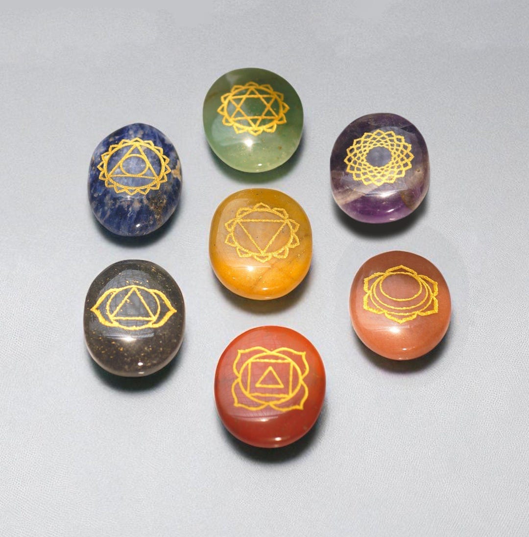 7 Chakra Stone Set – Engraved Reiki Palm Stones for Meditation - Etsy