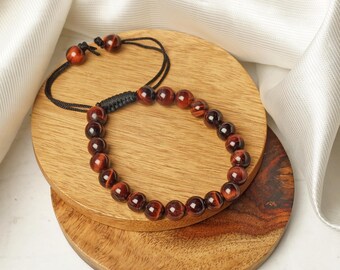 Handmade Red Tiger Eye Bracelet | Adjustable Gemstone Jewelry