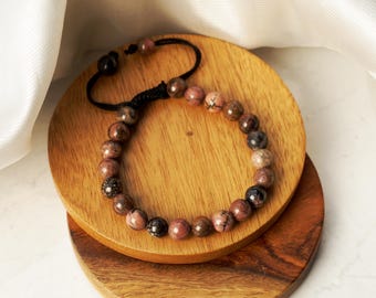Natural Rhodonite Beaded Bracelet – Handmade Adjustable Cord Gemstone Jewelry for Healing and Balance