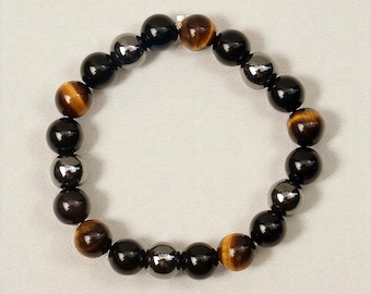 Pulseira de Pedras com Tripla Proteção – Hematita, Obsidiana e Olho de Tigre