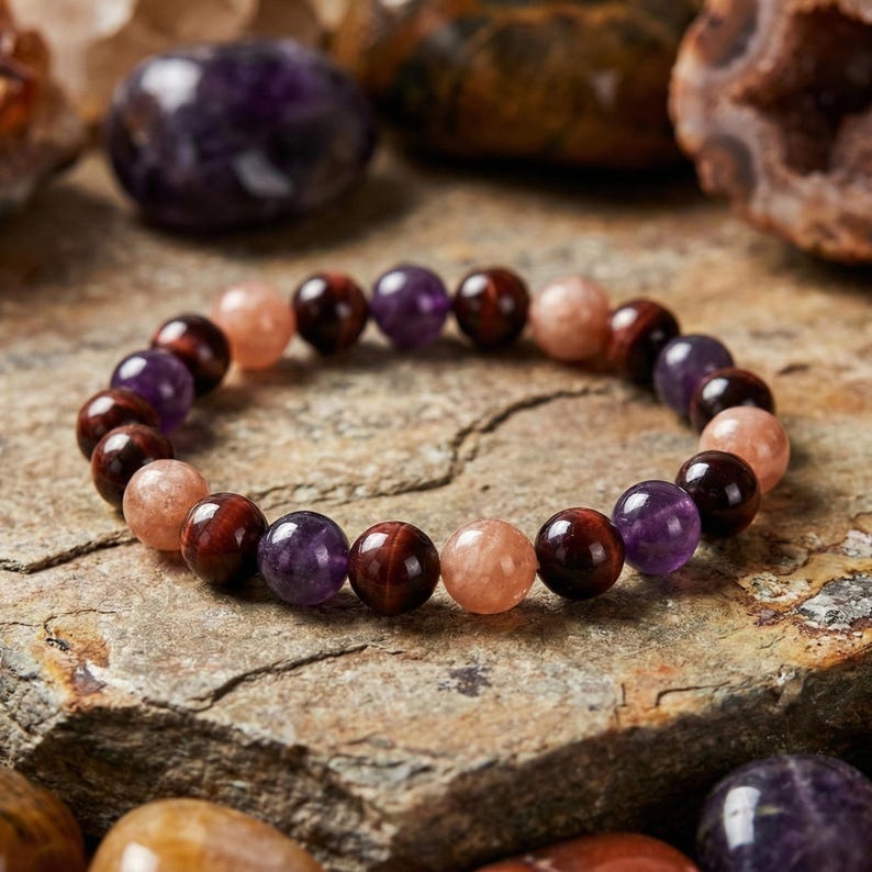 May include: A beaded bracelet featuring a mix of gemstones. The bracelet includes round beads in shades of purple, red-brown, and peach. The bracelet is displayed on a textured, neutral-toned surface, with other gemstones in the background.