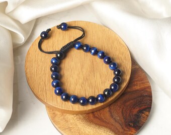 Blue Tiger Eye Beaded Bracelet – Adjustable Handmade Energy Healing Bracelet for Men and Women