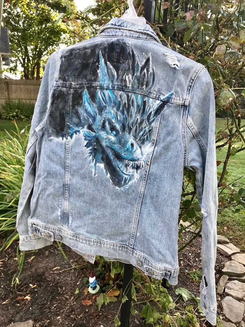 Painted Jean Jacket Distressed Denim Ice Dragon Etsy