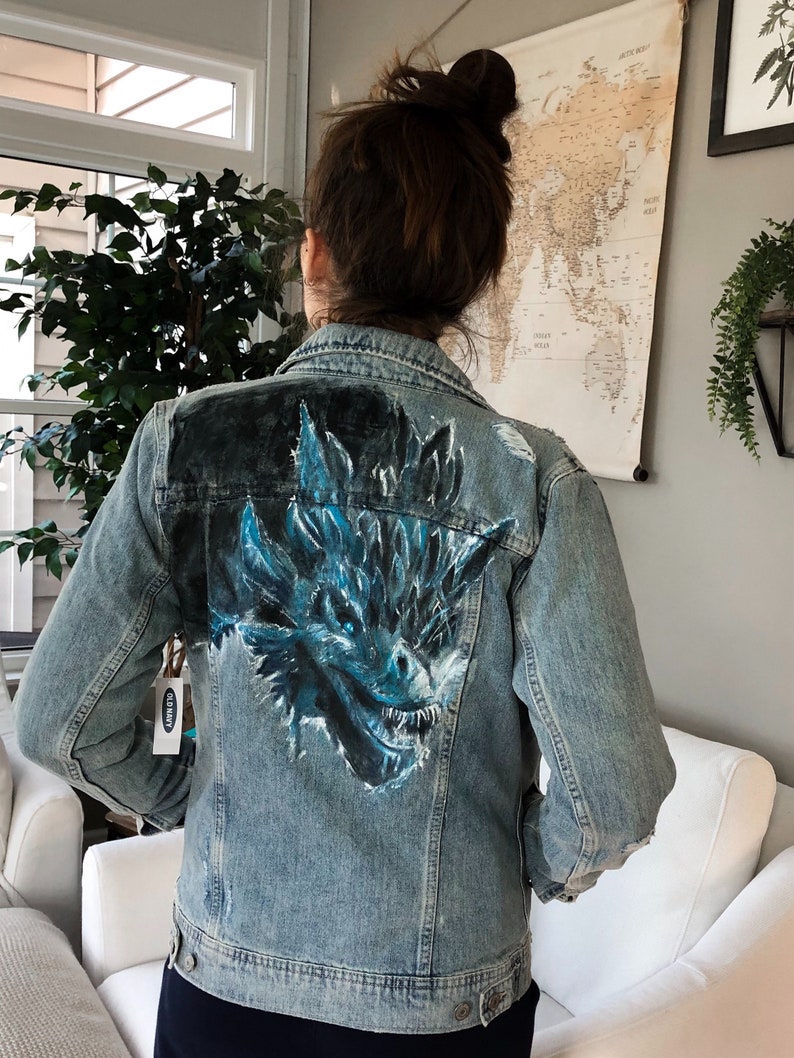 Painted Jean Jacket Distressed Denim Ice Dragon Etsy