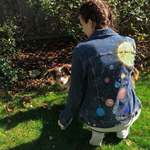 Hand Painted Denim Jean Jacket- Cosmic Starry Planets Moons