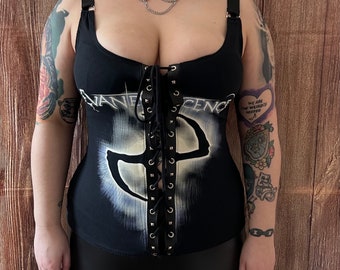 Top sin mangas tipo corsé con cordones de Evanescence, camiseta de banda de metal con tachuelas
