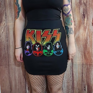 Woman’s one of a kind Kiss fitted band body-con mini skirt. Women’s band shirt heavy metal clothing Gene Simmons Paul Stanley glam metal 80s