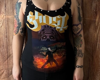 Studded Ghost Band Tank Top - Heavy Metal Festival Wear, Size 10-12