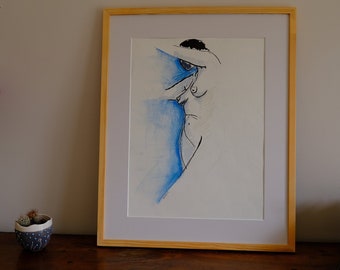 Blue Marion 2 - dessin original, encre et pastel