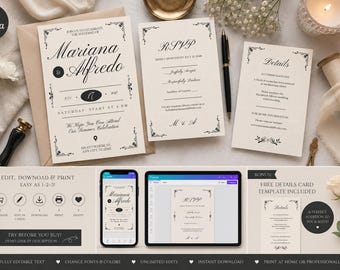 Editable Wedding Invitation Template, Ornament Elegant Canva Template, Black & White Invite (Digital Download)