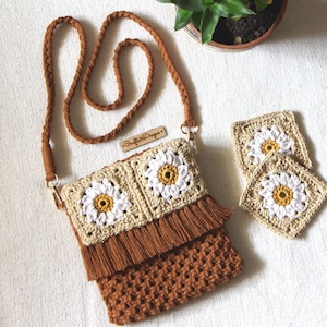 Boho Crochet Sling Bag Granny Square Crochet Bag Macrame Bag