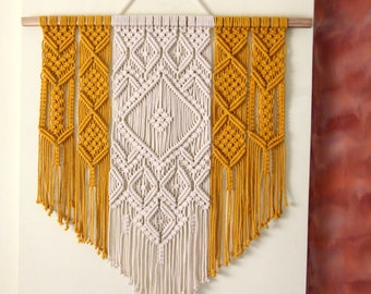 Large Ivory and Yellow Geometric Macrame Wall Tapestry Wall Hanging