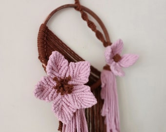 Macrame Floral Wreath Macrame Flower Wall Hanging Boho Nursery décor in Brown and Lavender pink Colour combination
