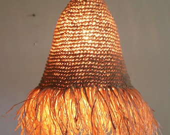 Boho Jute Lampshade with Raffia Fringe: Boho Crochet Light, Farmhouse Lighting, Boho Rustic Pendant Light , Bed Side Lamps