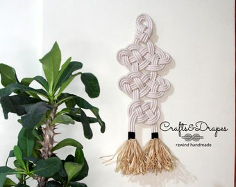 Macrame Wall Hanging: Cotton Rope & Raffia Knot Sculpture
