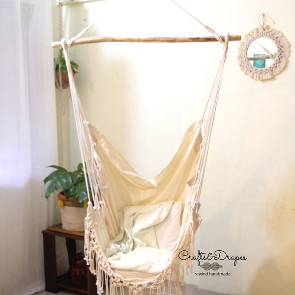 Boho Hammock Chair with Spreader Bar | Macrame Hanging Swing | Indoor Outdoor Swing | Cotton Canvas Hammock | Hammock Chair