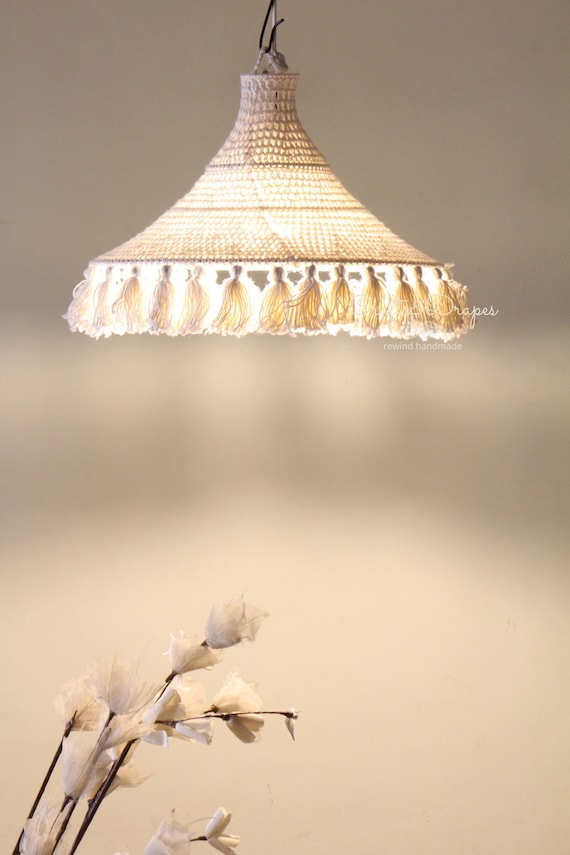 Crochet Tassel Chandelier Crochet Lights Crochet Lampshade Handwoven Lamp  Boho Light Pendant Suspension Light Cotton Fringe Lamp 