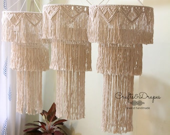 Boho Makramee Fransen Kronleuchter | Hochzeitsdekor | Babyparty | Makramee-Lampenschirm | Boho Pendelleuchte | Makramee Behänge | Wohndekor