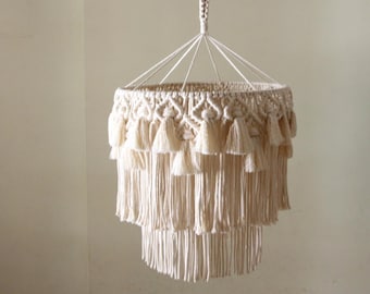 Lámpara de araña artesanal con borlas de macramé, estilo bohemio, lámpara colgante bohemia para habitación infantil