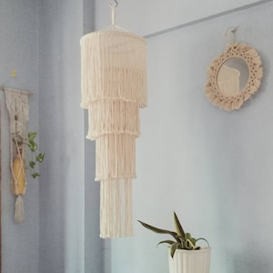 Boho Macrame Fringe Chandelier: Handmade Cotton Pendant Light
