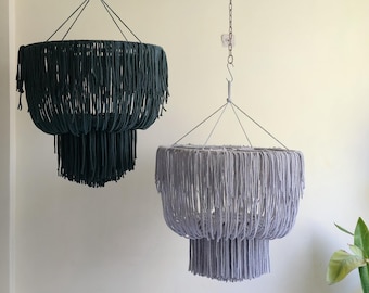 Gran lámpara de araña boho, pantalla de macramé tejida a mano, lámpara colgante boho, iluminación para hoteles, pantalla esmeralda, lámpara de araña con flecos de loto, algodón