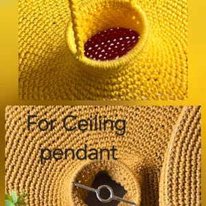 Close-up of crochet ceiling lampshade showing stitch texture