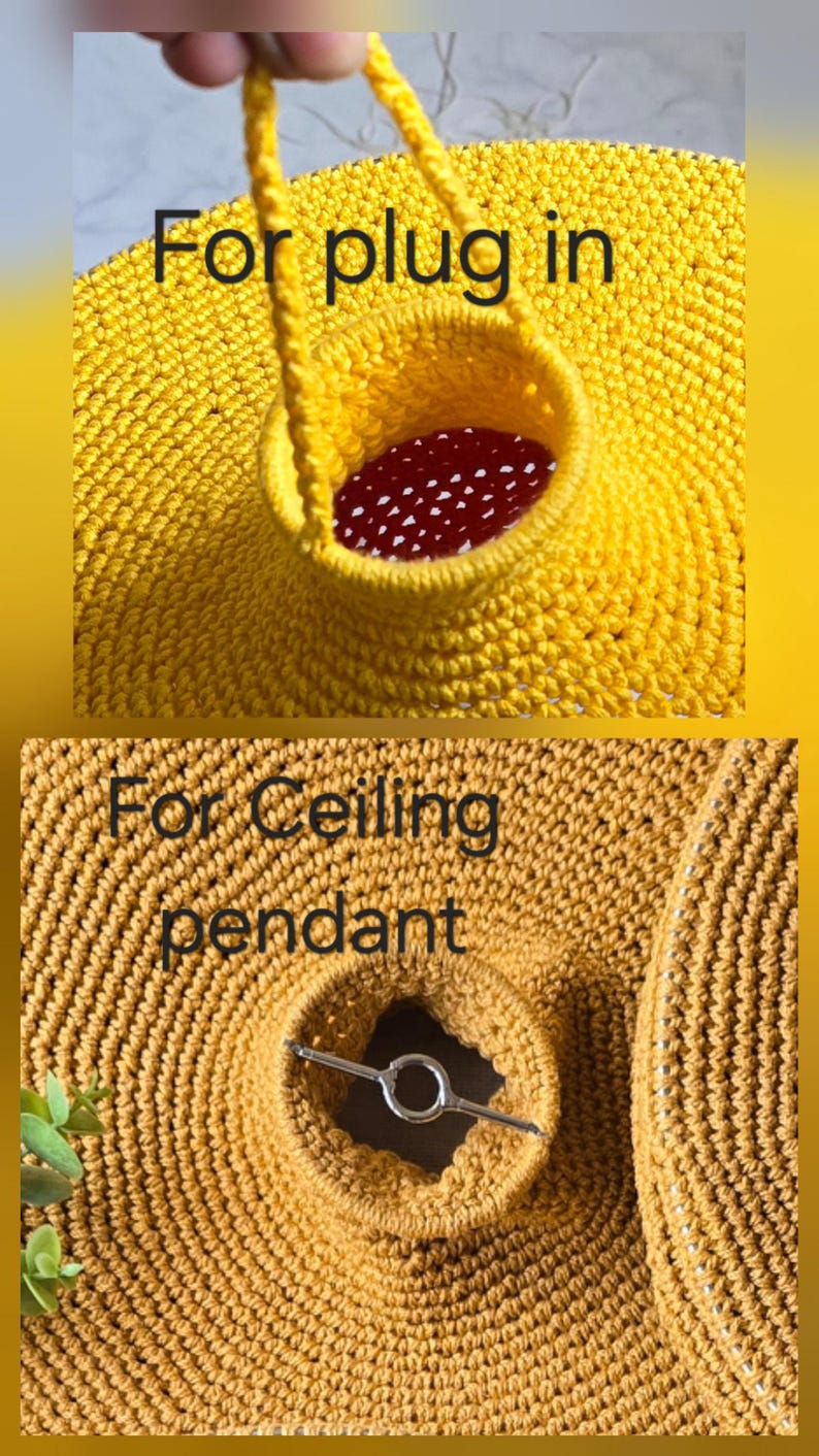 Close-up of crochet ceiling lampshade showing stitch texture