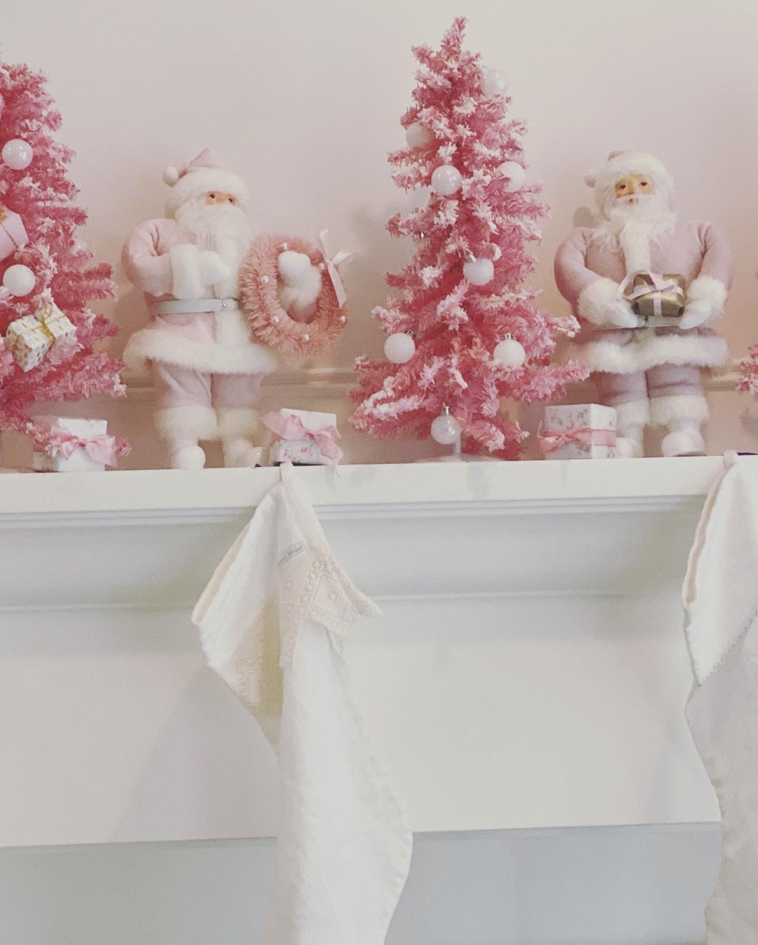 SALE Miniature Pink Flocked Christmas Tree With White Ornamental Balls