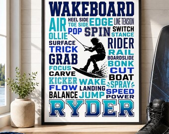 Personalized Wakeboarding Poster, Custom Rider Name Print, Wakeboard Gift Room Decor
