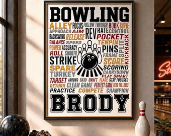 Personalized Bowling Word Art Poster, Custom Bowler Name Print, Bowling Gift Wall Decor Keepsake