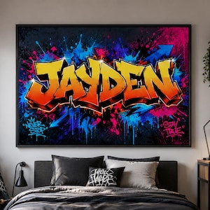 May include: A framed graffiti art print featuring the name "JAYDEN" in vibrant yellow and orange bubble letters. The artwork is set against a dark background with colorful paint splatters in blue, pink, and purple. The words "Never Stop" and "Stay True" are also visible.