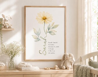 Personalized Floral Birth Print Custom Baby Name Watercolor Flower Nursery Wall Art