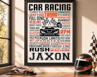 Personalized Car Racing Poster, Custom Name Print, Motorsports Wall Art, Racer Room Decor