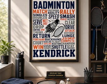 Personalized Badminton Poster, Custom Name Print, Player Wall Art, Sports Room Decor