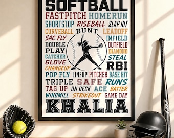 Personalized Softball Player Poster, Custom Name Typography Print, Softball Room Decor Gift