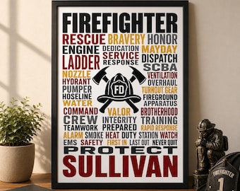 Personalized Firefighter Word Art Poster, Custom Name Typography Print, Firefighter Gift Wall Decor Keepsake