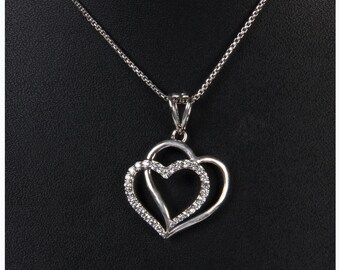 925 Sterling Silver Two Connected Love Hearts Round cut CZ Ladies Pendant Charm 3.82 Grams 0.41 Ct BLPD4