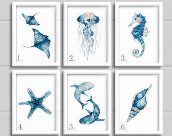 Set of 1, 2, 3, 4, 5 OR 6 sea life prints, blue marine wall art, ocean, octopus, seahorse, manta ray, for Living dining room or bathroom