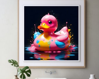 Quirky colourful bathroom wall art, rubber ducks bath time poster, digital file or printed, square bathroom decor, colour splashes, dark.